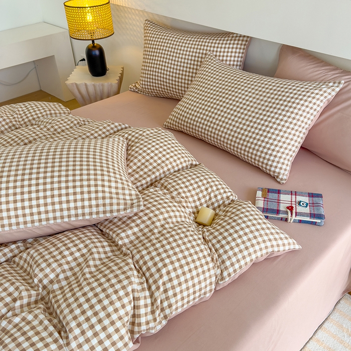 91家纺网 家纺一手货源 找家纺 桔禾家纺 2025新款无印风四件套床单床笠被套被罩纯色水洗棉学生宿舍床上三件套四件套 黄粉格