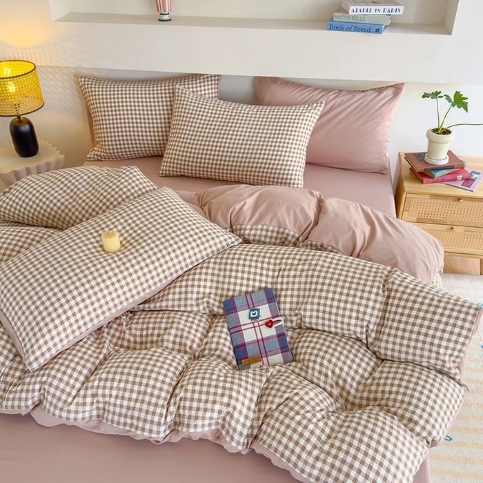 91家纺网 家纺一手货源 找家纺 桔禾家纺 2025新款无印风四件套床单床笠被套被罩纯色水洗棉学生宿舍床上三件套四件套 黄粉格