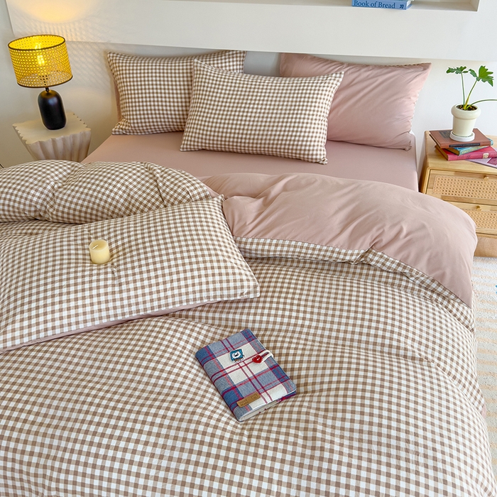 91家纺网 家纺一手货源 找家纺 桔禾家纺 2025新款无印风四件套床单床笠被套被罩纯色水洗棉学生宿舍床上三件套四件套 黄粉格