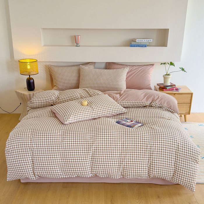 91家纺网 家纺一手货源 找家纺 桔禾家纺 2025新款无印风四件套床单床笠被套被罩纯色水洗棉学生宿舍床上三件套四件套 黄粉格