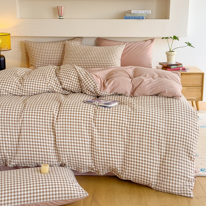 91家纺网 家纺一手货源 找家纺 桔禾家纺 2025新款无印风四件套床单床笠被套被罩纯色水洗棉学生宿舍床上三件套四件套 黄粉格