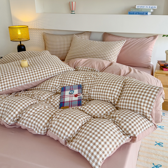 91家纺网 家纺一手货源 找家纺 桔禾家纺 2025新款无印风四件套床单床笠被套被罩纯色水洗棉学生宿舍床上三件套四件套 黄粉格