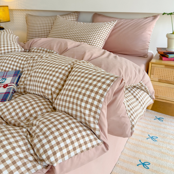 91家纺网 家纺一手货源 找家纺 桔禾家纺 2025新款无印风四件套床单床笠被套被罩纯色水洗棉学生宿舍床上三件套四件套 黄粉格