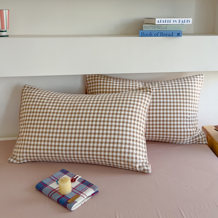 91家纺网 家纺一手货源 找家纺 桔禾家纺 2025新款无印风四件套床单床笠被套被罩纯色水洗棉学生宿舍床上三件套四件套 黄粉格