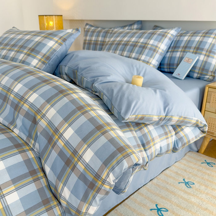 桔禾家纺 2025新款无印风四件套床单床笠被套被罩纯色水洗棉学生宿舍床上三件套四件套 黄蓝格