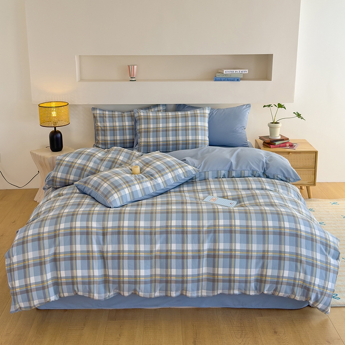 91家纺网 家纺一手货源 找家纺 桔禾家纺 2025新款无印风四件套床单床笠被套被罩纯色水洗棉学生宿舍床上三件套四件套 黄蓝格