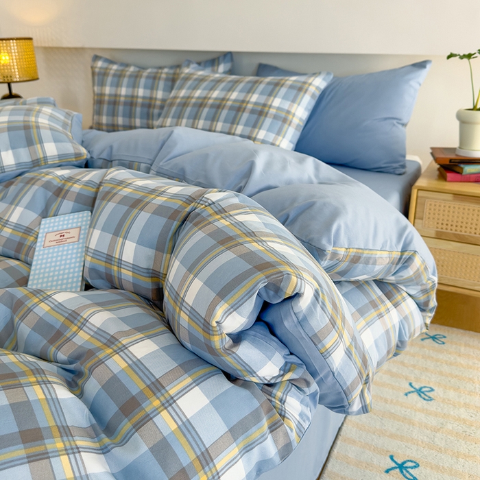 91家纺网 家纺一手货源 找家纺 桔禾家纺 2025新款无印风四件套床单床笠被套被罩纯色水洗棉学生宿舍床上三件套四件套 黄蓝格