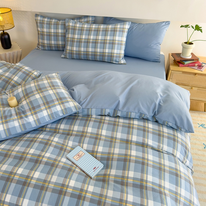 91家纺网 家纺一手货源 找家纺 桔禾家纺 2025新款无印风四件套床单床笠被套被罩纯色水洗棉学生宿舍床上三件套四件套 黄蓝格