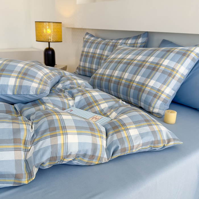 91家纺网 家纺一手货源 找家纺 桔禾家纺 2025新款无印风四件套床单床笠被套被罩纯色水洗棉学生宿舍床上三件套四件套 黄蓝格