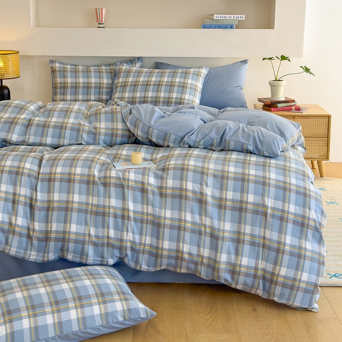 91家纺网 家纺一手货源 找家纺 桔禾家纺 2025新款无印风四件套床单床笠被套被罩纯色水洗棉学生宿舍床上三件套四件套 黄蓝格