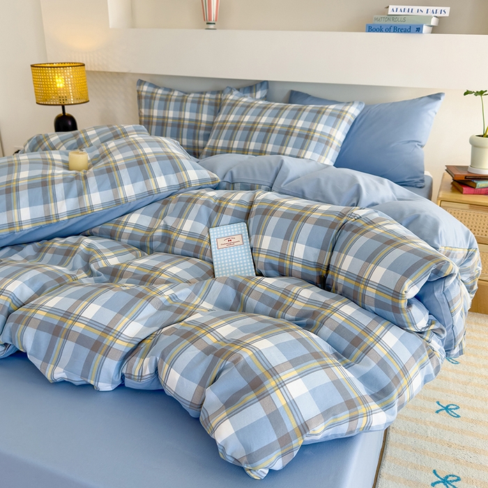 91家纺网 家纺一手货源 找家纺 桔禾家纺 2025新款无印风四件套床单床笠被套被罩纯色水洗棉学生宿舍床上三件套四件套 黄蓝格