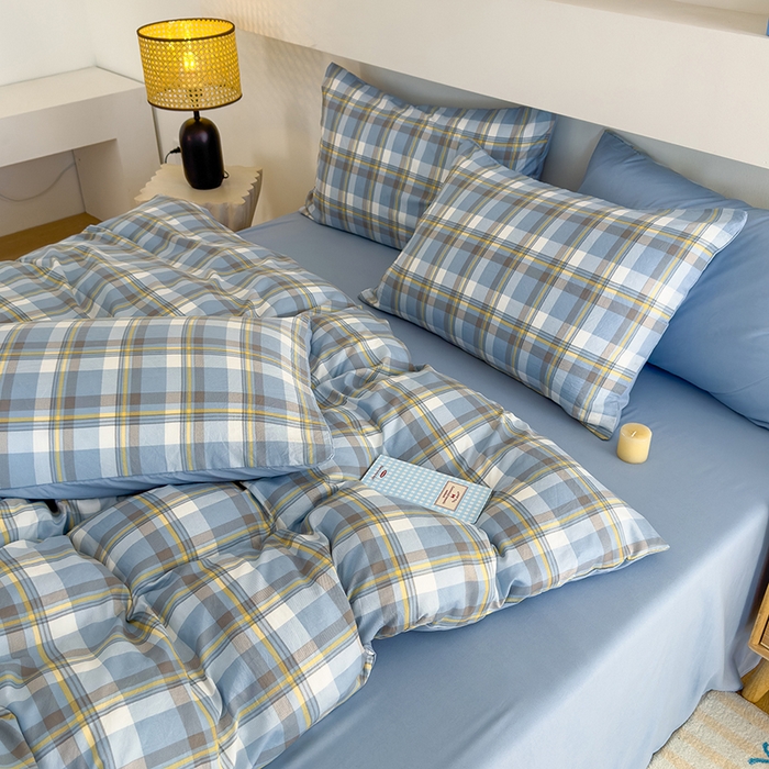 91家纺网 家纺一手货源 找家纺 桔禾家纺 2025新款无印风四件套床单床笠被套被罩纯色水洗棉学生宿舍床上三件套四件套 黄蓝格