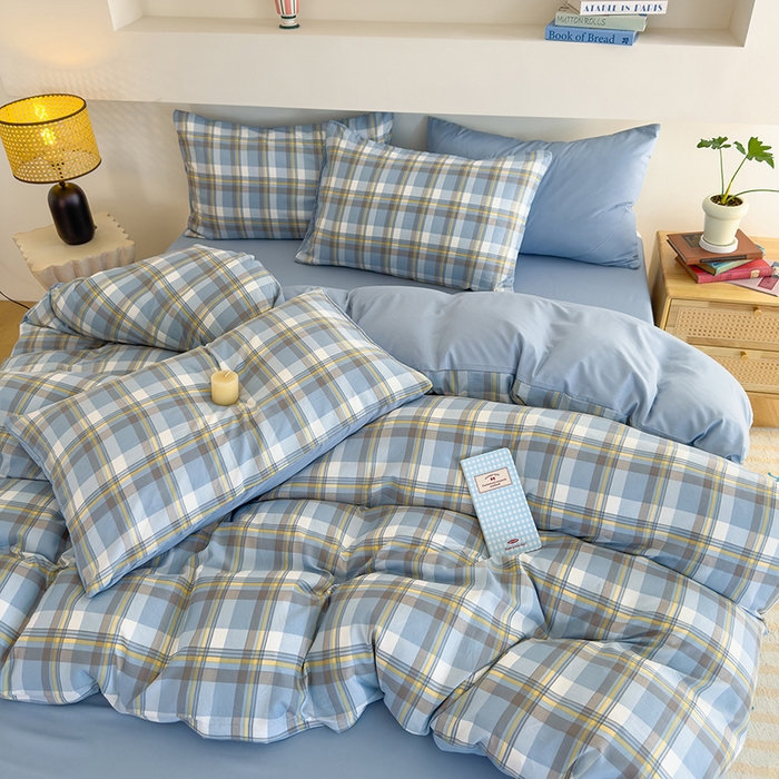 91家纺网 家纺一手货源 找家纺 桔禾家纺 2025新款无印风四件套床单床笠被套被罩纯色水洗棉学生宿舍床上三件套四件套 黄蓝格