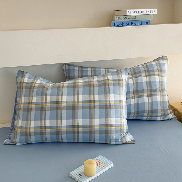 91家纺网 家纺一手货源 找家纺 桔禾家纺 2025新款无印风四件套床单床笠被套被罩纯色水洗棉学生宿舍床上三件套四件套 黄蓝格