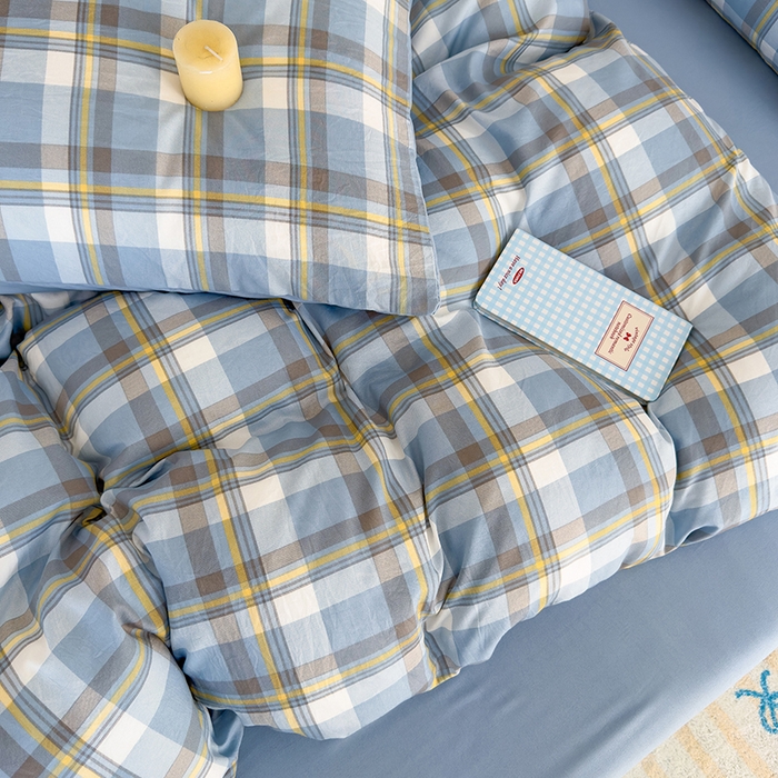 91家纺网 家纺一手货源 找家纺 桔禾家纺 2025新款无印风四件套床单床笠被套被罩纯色水洗棉学生宿舍床上三件套四件套 黄蓝格