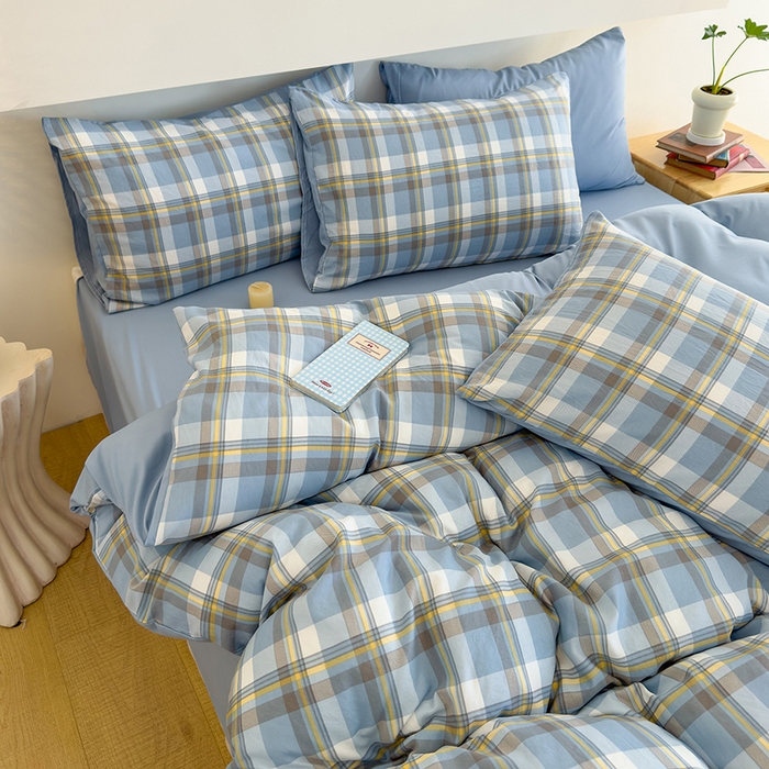 91家纺网 家纺一手货源 找家纺 桔禾家纺 2025新款无印风四件套床单床笠被套被罩纯色水洗棉学生宿舍床上三件套四件套 黄蓝格