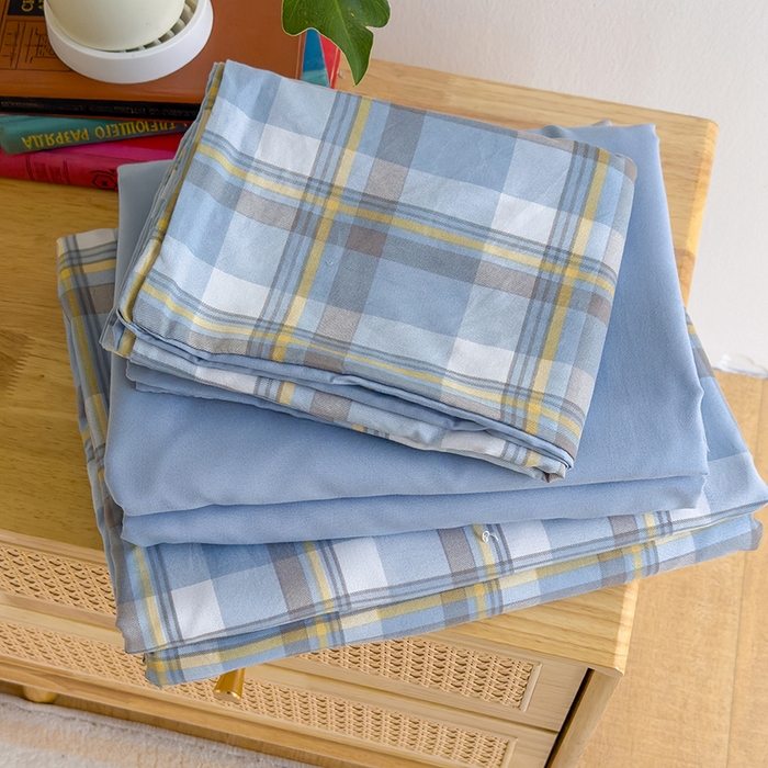 91家纺网 家纺一手货源 找家纺 桔禾家纺 2025新款无印风四件套床单床笠被套被罩纯色水洗棉学生宿舍床上三件套四件套 黄蓝格