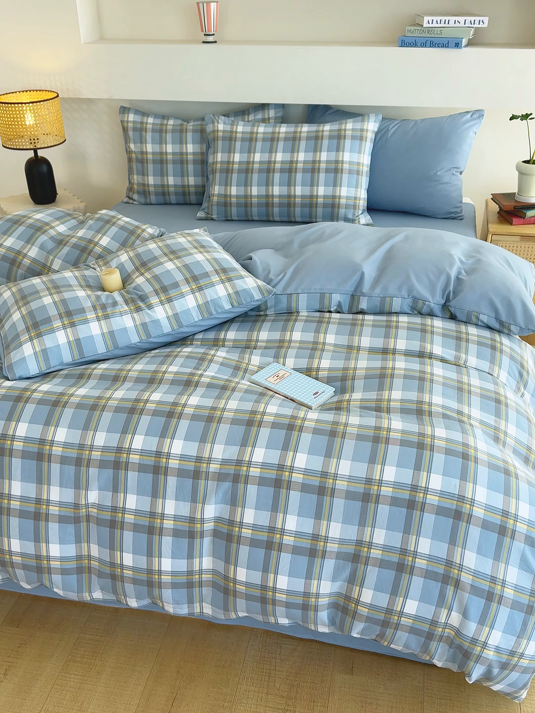 91家纺网 家纺一手货源 找家纺 桔禾家纺 2025新款无印风四件套床单床笠被套被罩纯色水洗棉学生宿舍床上三件套四件套 黄蓝格