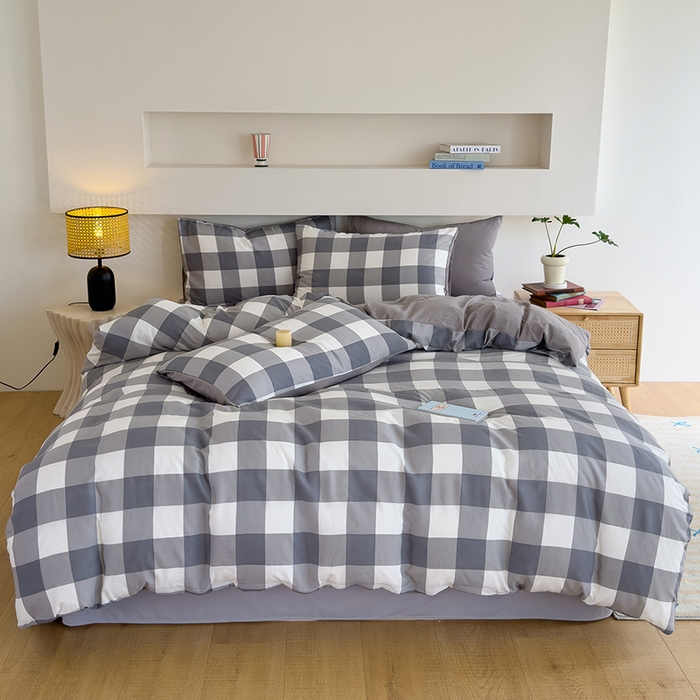 91家纺网 家纺一手货源 找家纺 桔禾家纺 2025新款无印风四件套床单床笠被套被罩纯色水洗棉学生宿舍床上三件套四件套 灰白格