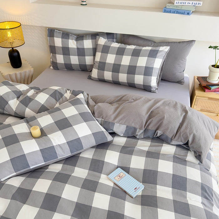 91家纺网 家纺一手货源 找家纺 桔禾家纺 2025新款无印风四件套床单床笠被套被罩纯色水洗棉学生宿舍床上三件套四件套 灰白格