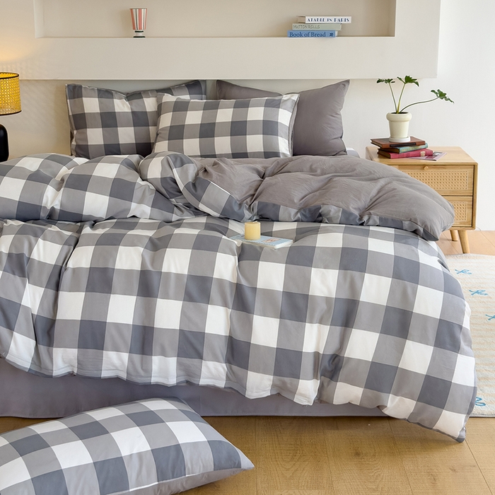 91家纺网 家纺一手货源 找家纺 桔禾家纺 2025新款无印风四件套床单床笠被套被罩纯色水洗棉学生宿舍床上三件套四件套 灰白格