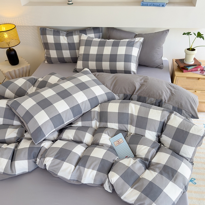 91家纺网 家纺一手货源 找家纺 桔禾家纺 2025新款无印风四件套床单床笠被套被罩纯色水洗棉学生宿舍床上三件套四件套 灰白格