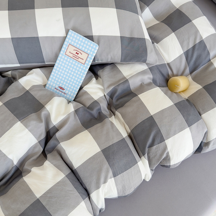 91家纺网 家纺一手货源 找家纺 桔禾家纺 2025新款无印风四件套床单床笠被套被罩纯色水洗棉学生宿舍床上三件套四件套 灰白格