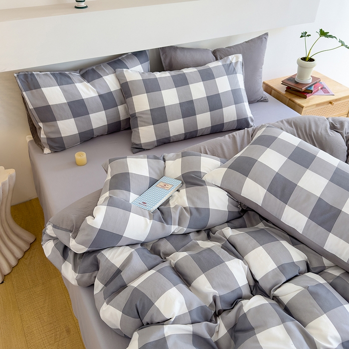 91家纺网 家纺一手货源 找家纺 桔禾家纺 2025新款无印风四件套床单床笠被套被罩纯色水洗棉学生宿舍床上三件套四件套 灰白格