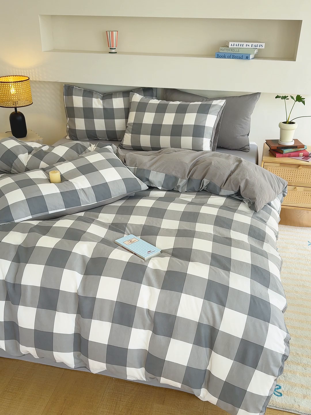 91家纺网 家纺一手货源 找家纺 桔禾家纺 2025新款无印风四件套床单床笠被套被罩纯色水洗棉学生宿舍床上三件套四件套 灰白格