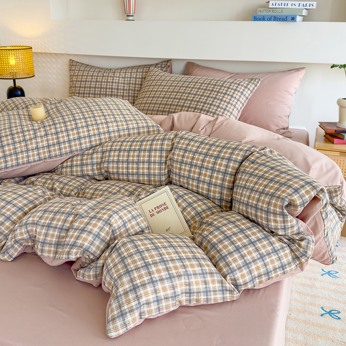 91家纺网 家纺一手货源 找家纺 桔禾家纺 2025新款无印风四件套床单床笠被套被罩纯色水洗棉学生宿舍床上三件套四件套 灰粉格