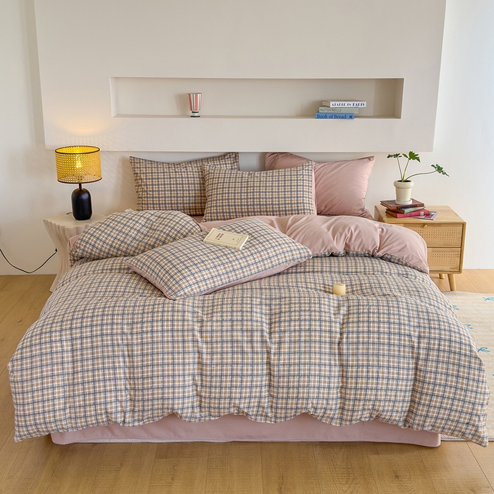 91家纺网 家纺一手货源 找家纺 桔禾家纺 2025新款无印风四件套床单床笠被套被罩纯色水洗棉学生宿舍床上三件套四件套 灰粉格