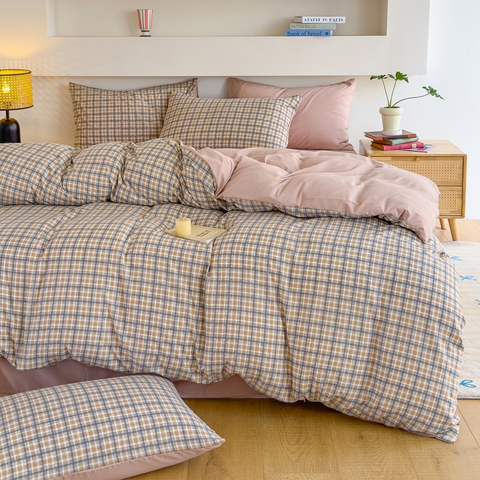 91家纺网 家纺一手货源 找家纺 桔禾家纺 2025新款无印风四件套床单床笠被套被罩纯色水洗棉学生宿舍床上三件套四件套 灰粉格