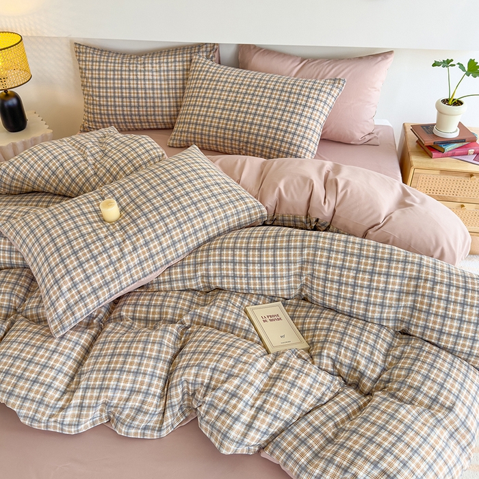 91家纺网 家纺一手货源 找家纺 桔禾家纺 2025新款无印风四件套床单床笠被套被罩纯色水洗棉学生宿舍床上三件套四件套 灰粉格