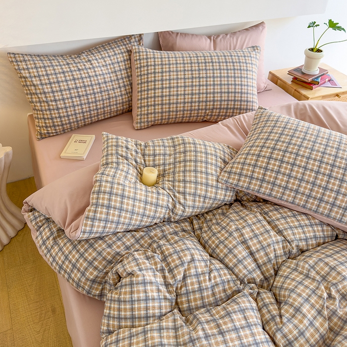 91家纺网 家纺一手货源 找家纺 桔禾家纺 2025新款无印风四件套床单床笠被套被罩纯色水洗棉学生宿舍床上三件套四件套 灰粉格