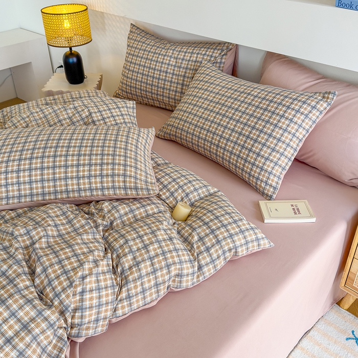 91家纺网 家纺一手货源 找家纺 桔禾家纺 2025新款无印风四件套床单床笠被套被罩纯色水洗棉学生宿舍床上三件套四件套 灰粉格