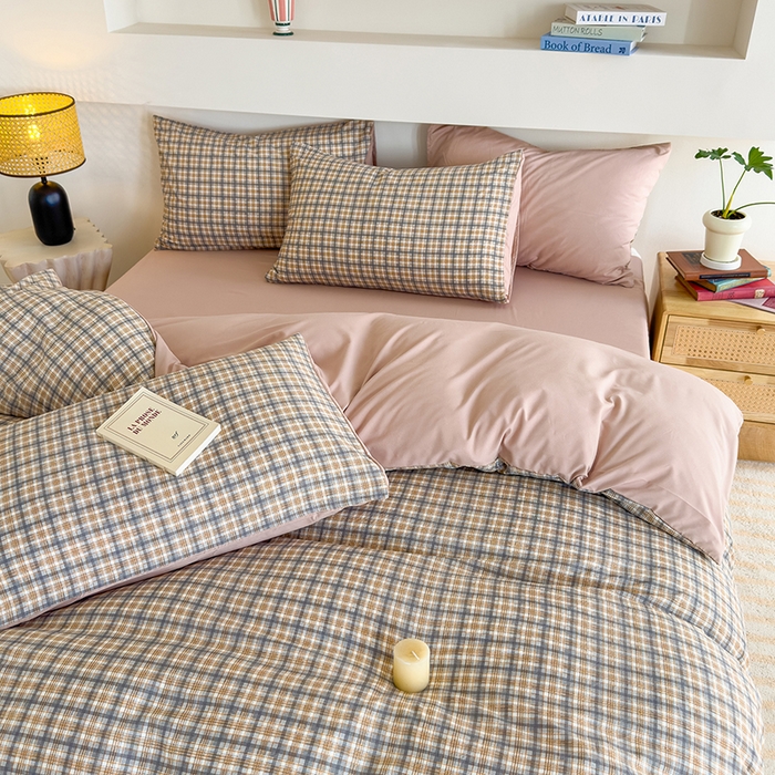 91家纺网 家纺一手货源 找家纺 桔禾家纺 2025新款无印风四件套床单床笠被套被罩纯色水洗棉学生宿舍床上三件套四件套 灰粉格