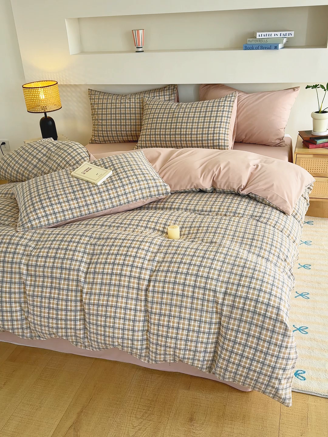 91家纺网 家纺一手货源 找家纺 桔禾家纺 2025新款无印风四件套床单床笠被套被罩纯色水洗棉学生宿舍床上三件套四件套 灰粉格