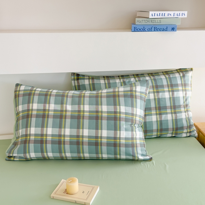 91家纺网 家纺一手货源 找家纺 桔禾家纺 2025新款无印风四件套床单床笠被套被罩纯色水洗棉学生宿舍床上三件套四件套 绿灰格