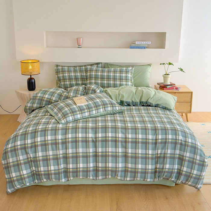 91家纺网 家纺一手货源 找家纺 桔禾家纺 2025新款无印风四件套床单床笠被套被罩纯色水洗棉学生宿舍床上三件套四件套 绿灰格