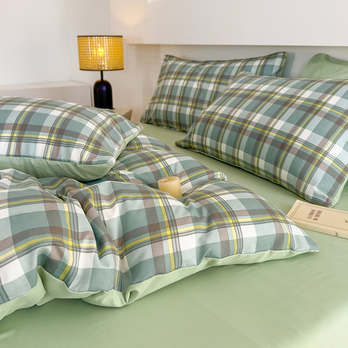 91家纺网 家纺一手货源 找家纺 桔禾家纺 2025新款无印风四件套床单床笠被套被罩纯色水洗棉学生宿舍床上三件套四件套 绿灰格