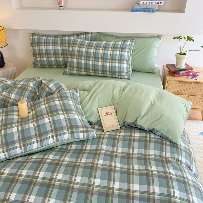91家纺网 家纺一手货源 找家纺 桔禾家纺 2025新款无印风四件套床单床笠被套被罩纯色水洗棉学生宿舍床上三件套四件套 绿灰格