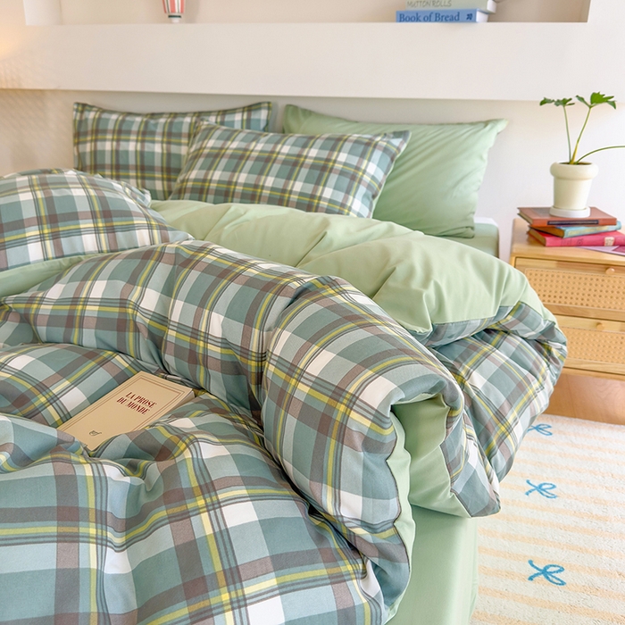 91家纺网 家纺一手货源 找家纺 桔禾家纺 2025新款无印风四件套床单床笠被套被罩纯色水洗棉学生宿舍床上三件套四件套 绿灰格