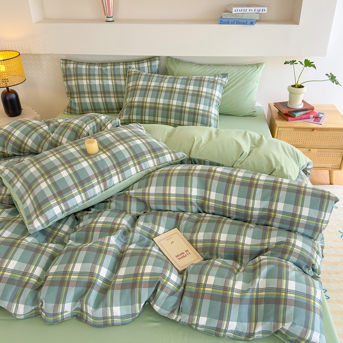 91家纺网 家纺一手货源 找家纺 桔禾家纺 2025新款无印风四件套床单床笠被套被罩纯色水洗棉学生宿舍床上三件套四件套 绿灰格