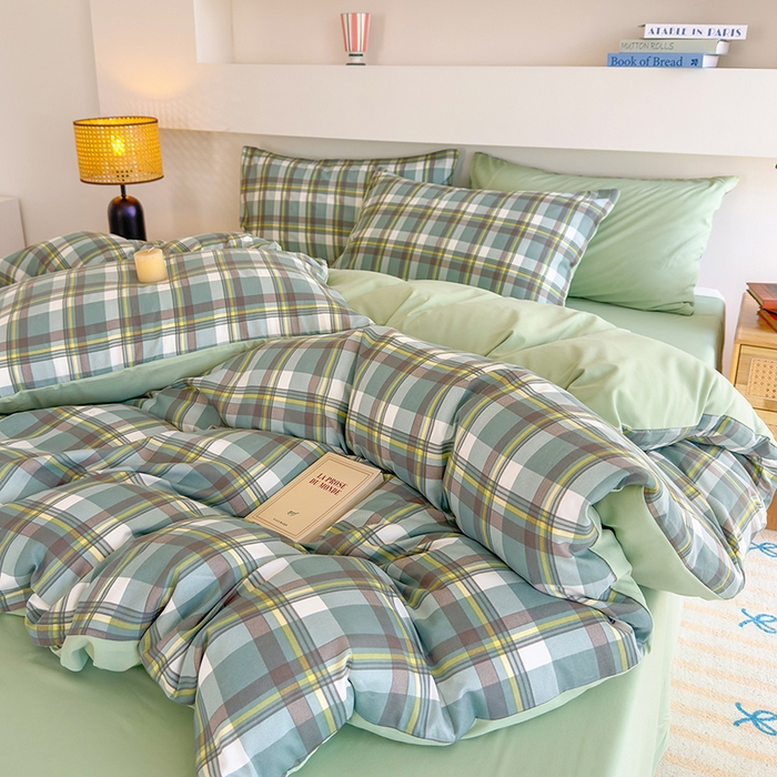 91家纺网 家纺一手货源 找家纺 桔禾家纺 2025新款无印风四件套床单床笠被套被罩纯色水洗棉学生宿舍床上三件套四件套 绿灰格