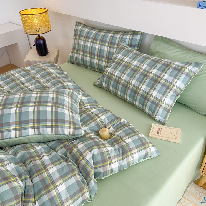 91家纺网 家纺一手货源 找家纺 桔禾家纺 2025新款无印风四件套床单床笠被套被罩纯色水洗棉学生宿舍床上三件套四件套 绿灰格