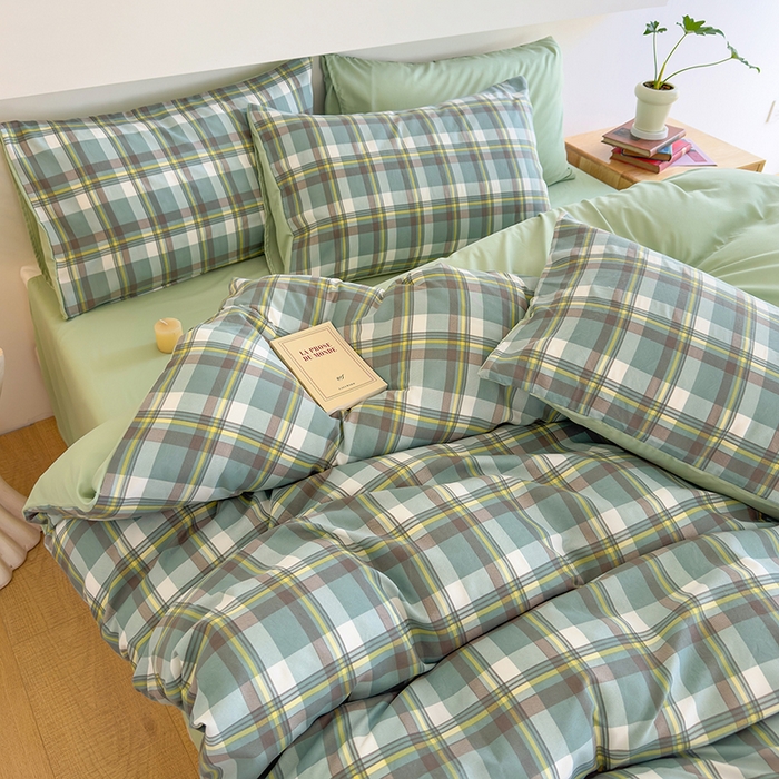 91家纺网 家纺一手货源 找家纺 桔禾家纺 2025新款无印风四件套床单床笠被套被罩纯色水洗棉学生宿舍床上三件套四件套 绿灰格