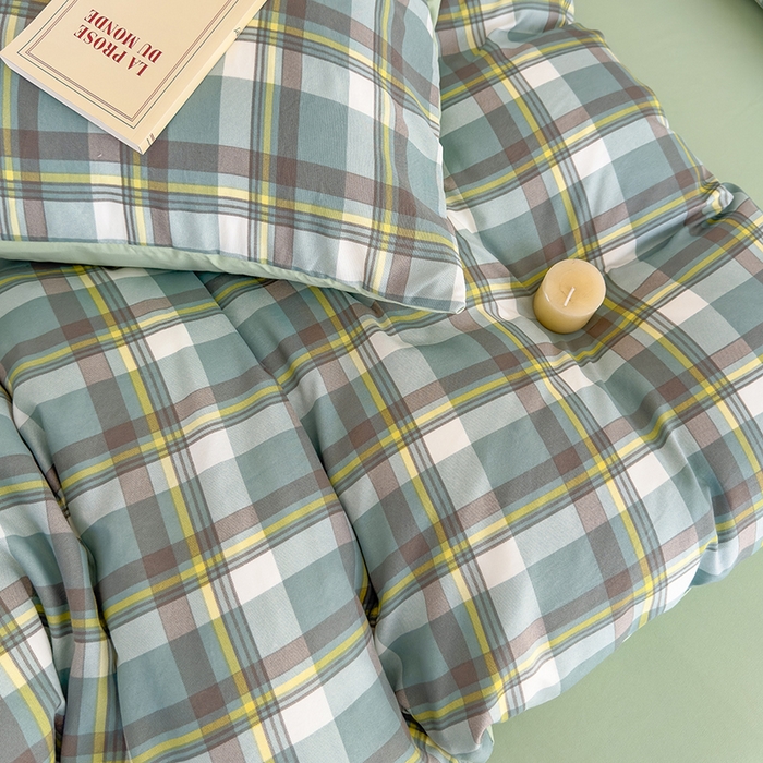 91家纺网 家纺一手货源 找家纺 桔禾家纺 2025新款无印风四件套床单床笠被套被罩纯色水洗棉学生宿舍床上三件套四件套 绿灰格