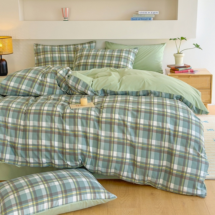 91家纺网 家纺一手货源 找家纺 桔禾家纺 2025新款无印风四件套床单床笠被套被罩纯色水洗棉学生宿舍床上三件套四件套 绿灰格