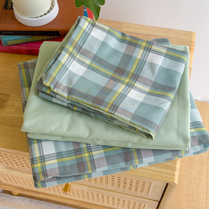 91家纺网 家纺一手货源 找家纺 桔禾家纺 2025新款无印风四件套床单床笠被套被罩纯色水洗棉学生宿舍床上三件套四件套 绿灰格