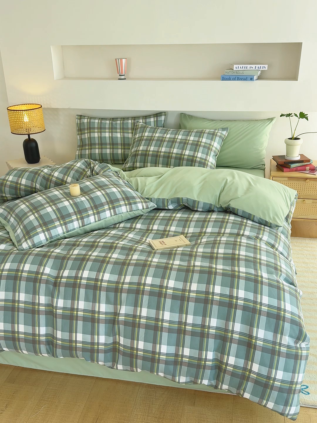 91家纺网 家纺一手货源 找家纺 桔禾家纺 2025新款无印风四件套床单床笠被套被罩纯色水洗棉学生宿舍床上三件套四件套 绿灰格